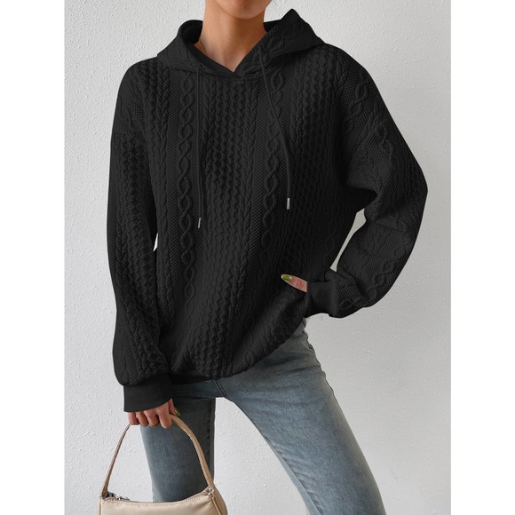 Minimalist Drop Shoulder Drawstring cable knit hoodie Sweatshirt - Picture 5 of 8